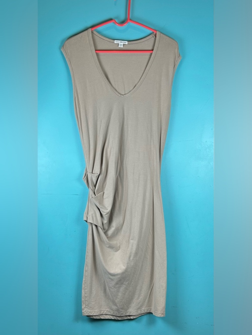 James Perse Tan Ruched Column Maxi Dress with Soft V-Neck